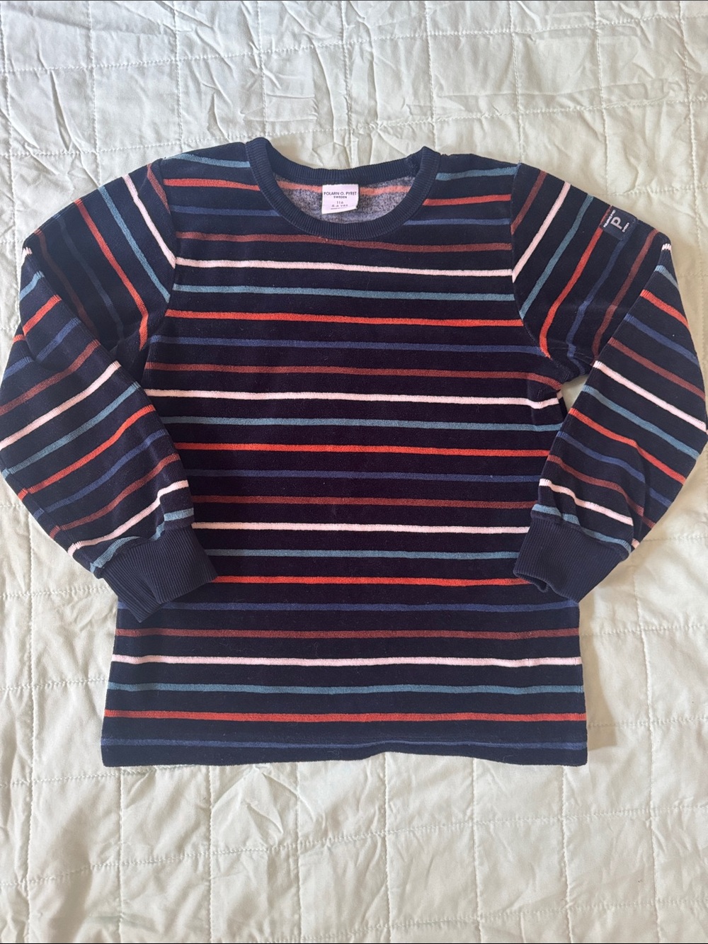 Polarn O. Pyret Navy Crewneck Sweater with Red, Light Blue and Pink Stripes